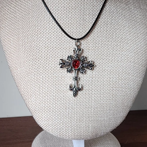 Elegant Silver Goth Easter Cross Pendant Necklace with Red Gem - Picture 6 of 8